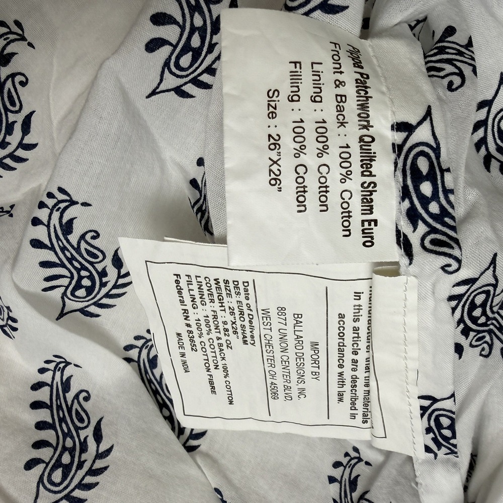 Ballard Designs Pippa Patchwork Euro Shams Blue White Cotton Quilted Paisley (3) - Picture 9 of 16